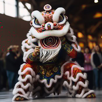 Dragon or lion dance show barongsai in celebration chinese lunar new year festival. Asian traditional concept by AI Generated photo