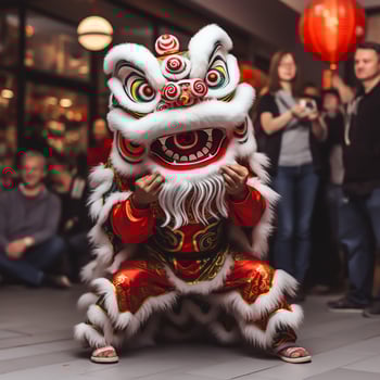 Dragon or lion dance show barongsai in celebration chinese lunar new year festival. Asian traditional concept by AI Generated photo