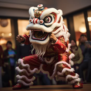 Dragon or lion dance show barongsai in celebration chinese lunar new year festival. Asian traditional concept by AI Generated photo