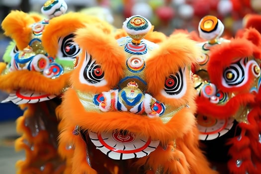 Dragon or lion dance show barongsai in celebration chinese lunar new year festival. Asian traditional concept by AI Generated photo