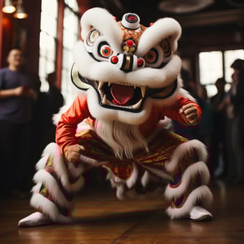 Dragon or lion dance show barongsai in celebration chinese lunar new year festival. Asian traditional concept by AI Generated photo