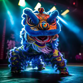 Dragon or lion dance show barongsai in celebration chinese lunar new year festival. Asian traditional concept by AI Generated photo