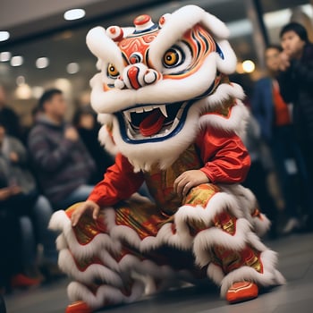 Dragon or lion dance show barongsai in celebration chinese lunar new year festival. Asian traditional concept by AI Generated photo