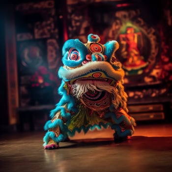 Dragon or lion dance show barongsai in celebration chinese lunar new year festival. Asian traditional concept by AI Generated photo