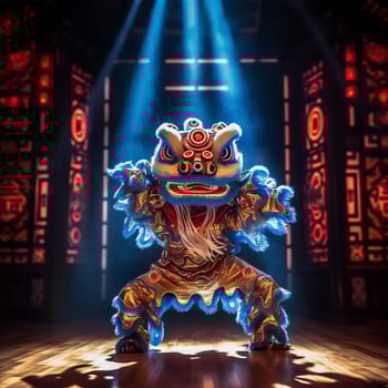 Dragon or lion dance show barongsai in celebration chinese lunar new year festival. Asian traditional concept by AI Generated photo