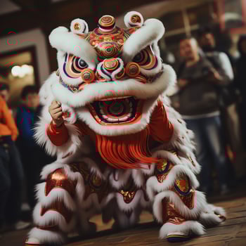 Dragon or lion dance show barongsai in celebration chinese lunar new year festival. Asian traditional concept by AI Generated photo
