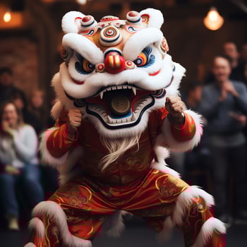 Dragon or lion dance show barongsai in celebration chinese lunar new year festival. Asian traditional concept by AI Generated photo