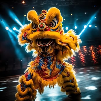 Dragon or lion dance show barongsai in celebration chinese lunar new year festival. Asian traditional concept by AI Generated photo