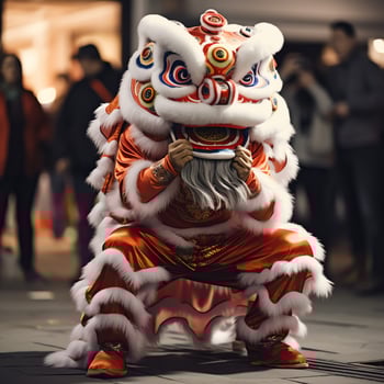 Dragon or lion dance show barongsai in celebration chinese lunar new year festival. Asian traditional concept by AI Generated photo