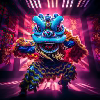 Dragon or lion dance show barongsai in celebration chinese lunar new year festival. Asian traditional concept by AI Generated photo