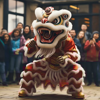 Dragon or lion dance show barongsai in celebration chinese lunar new year festival. Asian traditional concept by AI Generated photo