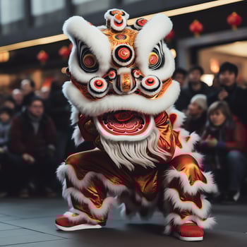 Dragon or lion dance show barongsai in celebration chinese lunar new year festival. Asian traditional concept by AI Generated photo