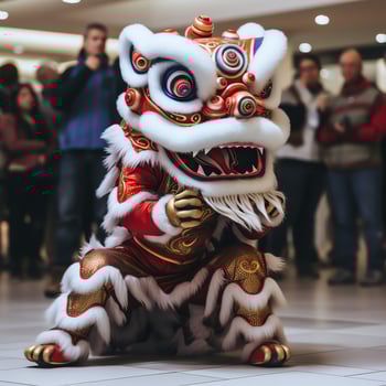 Dragon or lion dance show barongsai in celebration chinese lunar new year festival. Asian traditional concept by AI Generated photo