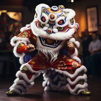 Dragon or lion dance show barongsai in celebration chinese lunar new year festival. Asian traditional concept by AI Generated photo