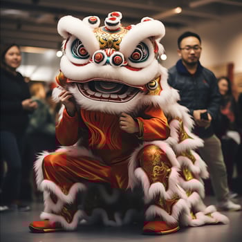 Dragon or lion dance show barongsai in celebration chinese lunar new year festival. Asian traditional concept by AI Generated photo