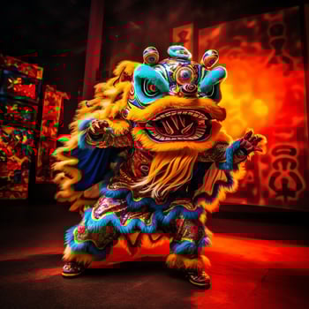 Dragon or lion dance show barongsai in celebration chinese lunar new year festival. Asian traditional concept by AI Generated photo
