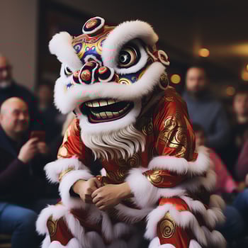 Dragon or lion dance show barongsai in celebration chinese lunar new year festival. Asian traditional concept by AI Generated photo