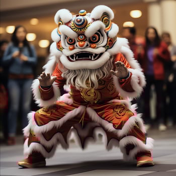 Dragon or lion dance show barongsai in celebration chinese lunar new year festival. Asian traditional concept by AI Generated photo