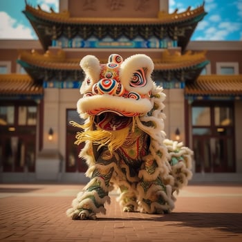 Dragon or lion dance show barongsai in celebration chinese lunar new year festival. Asian traditional concept by AI Generated photo