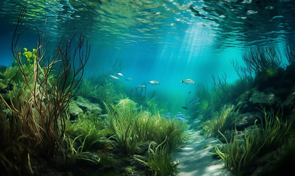 A seabed covered in lush green seagrass. AI Generated photo