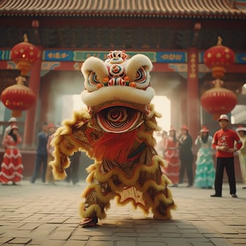 Dragon or lion dance show barongsai in celebration chinese lunar new year festival. Asian traditional concept by AI Generated photo
