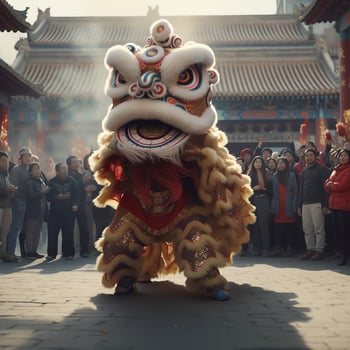 Dragon or lion dance show barongsai in celebration chinese lunar new year festival. Asian traditional concept by AI Generated photo