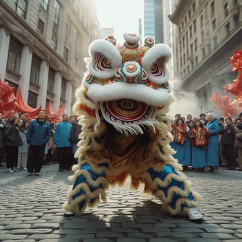 Dragon or lion dance show barongsai in celebration chinese lunar new year festival. Asian traditional concept by AI Generated photo