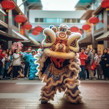 Dragon or lion dance show barongsai in celebration chinese lunar new year festival. Asian traditional concept by AI Generated photo