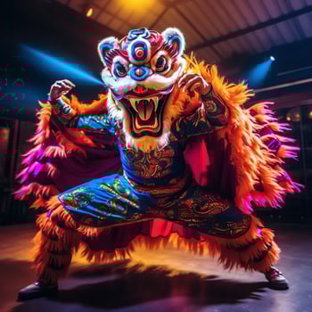 Dragon or lion dance show barongsai in celebration chinese lunar new year festival. Asian traditional concept by AI Generated photo