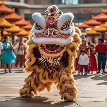Dragon or lion dance show barongsai in celebration chinese lunar new year festival. Asian traditional concept by AI Generated photo