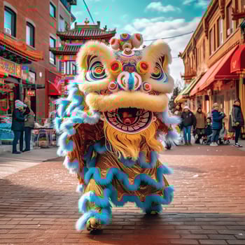 Dragon or lion dance show barongsai in celebration chinese lunar new year festival. Asian traditional concept by AI Generated photo