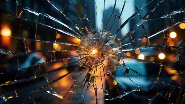 A Shattered Window against a Blurred Cityscape. Generative AI photo