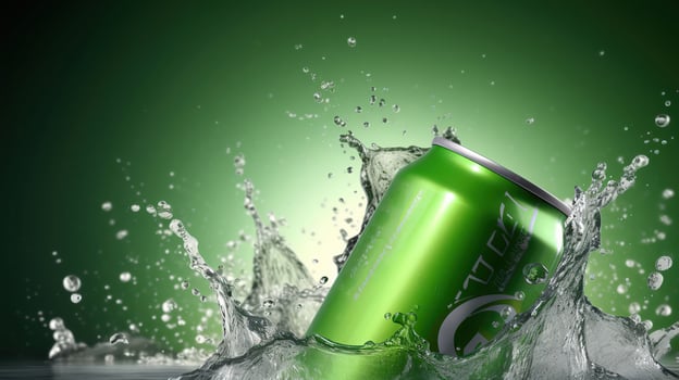 Soft drink commercial with green can, lots of splashing water in the background, highly detailed, Generative AI photo