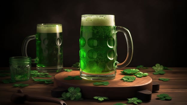 Frosty mug filled with green beer, St. Patricks Day. Leaf clovers scattered around the wood base, Generative AI photo