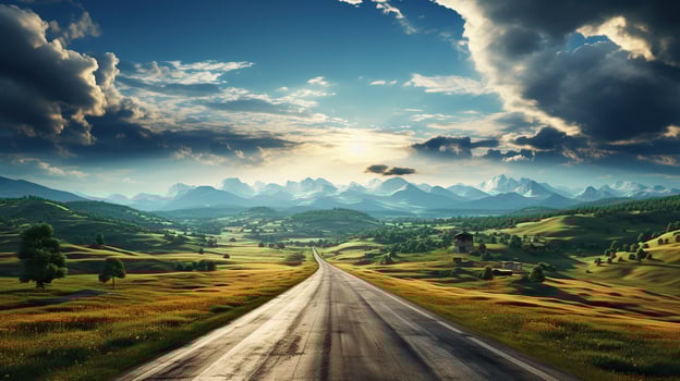 Picturesque Outdoor Scenery with Beautiful Skyline. Travel Through Countryside. Generative AI photo