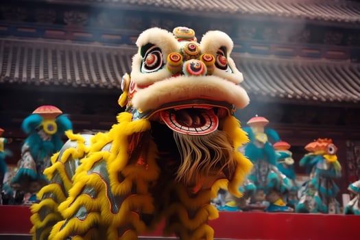 Dragon or lion dance show barongsai in celebration chinese lunar new year festival. Asian traditional concept by AI Generated photo