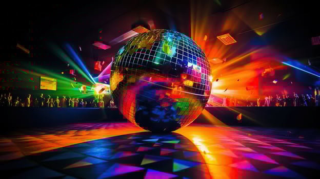 Nightclub Extravaganza. Mirror Ball and Lasers Illuminate the Dance Floor with Vibrant Rainbows. Generative AI photo