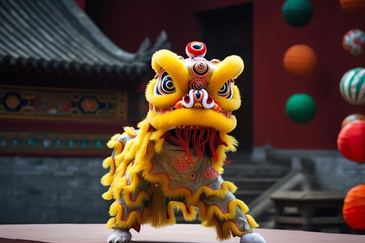 Dragon or lion dance show barongsai in celebration chinese lunar new year festival. Asian traditional concept by AI Generated photo
