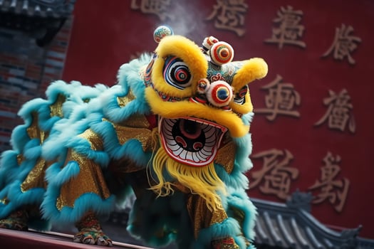 Dragon or lion dance show barongsai in celebration chinese lunar new year festival. Asian traditional concept by AI Generated photo