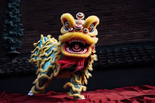 Dragon or lion dance show barongsai in celebration chinese lunar new year festival. Asian traditional concept by AI Generated photo