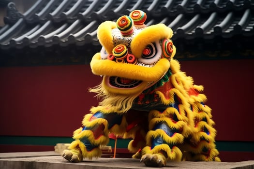 Dragon or lion dance show barongsai in celebration chinese lunar new year festival. Asian traditional concept by AI Generated photo
