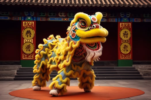 Dragon or lion dance show barongsai in celebration chinese lunar new year festival. Asian traditional concept by AI Generated photo