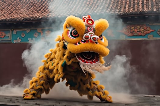 Dragon or lion dance show barongsai in celebration chinese lunar new year festival. Asian traditional concept by AI Generated photo