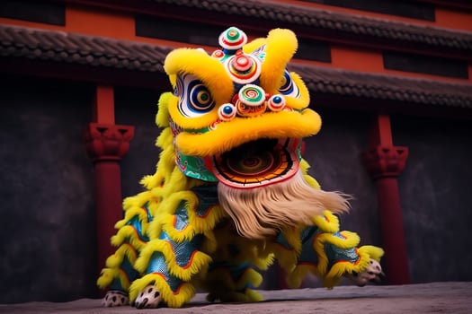 Dragon or lion dance show barongsai in celebration chinese lunar new year festival. Asian traditional concept by AI Generated photo