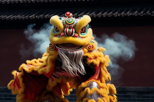 Dragon or lion dance show barongsai in celebration chinese lunar new year festival. Asian traditional concept by AI Generated photo