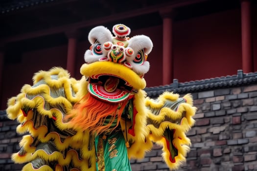 Dragon or lion dance show barongsai in celebration chinese lunar new year festival. Asian traditional concept by AI Generated photo