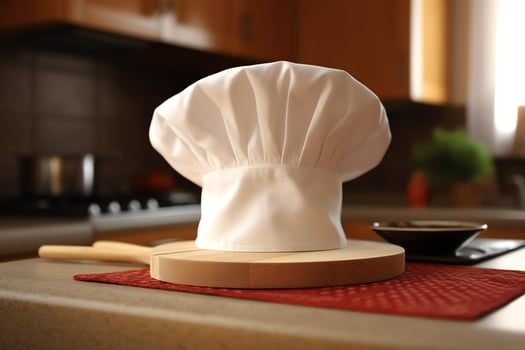 White cook hat in the kitchen table and copy space for your decoration. Advertising photography concept by AI Generated photo