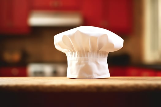 White cook hat in the kitchen table and copy space for your decoration. Advertising photography concept by AI Generated photo