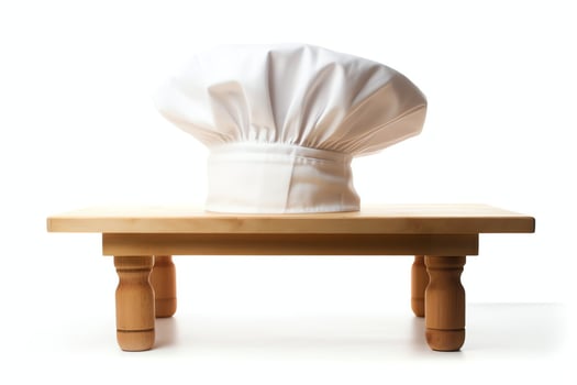 White cook hat in the kitchen table and copy space for your decoration. Advertising photography concept by AI Generated photo