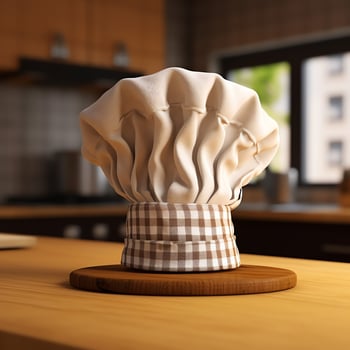 White cook hat in the kitchen table and copy space for your decoration. Advertising photography concept by AI Generated photo